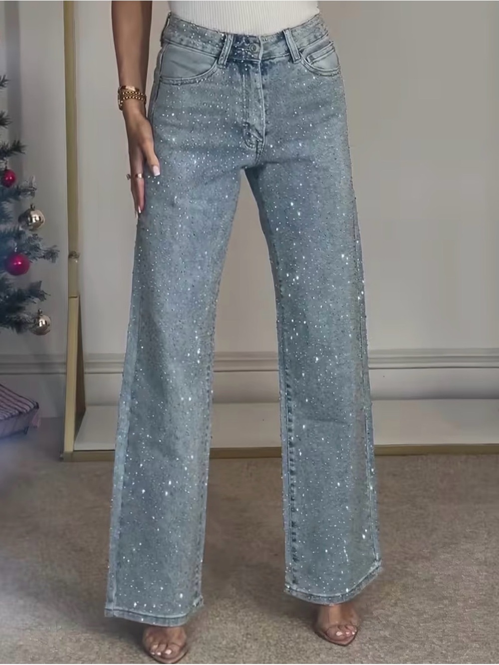 Wide Leg Sparkle Jeans - Light Blue